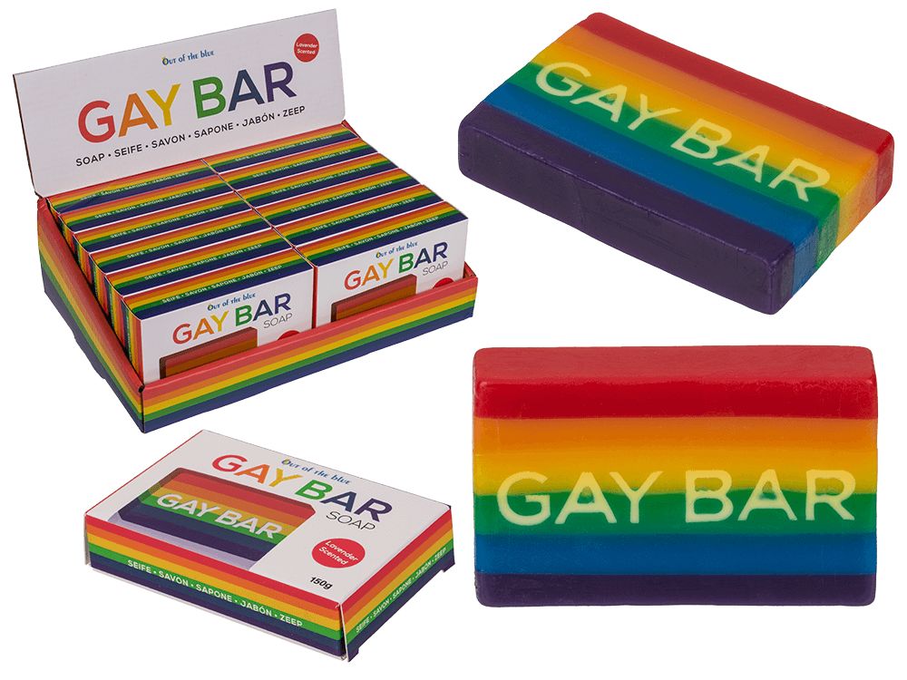 Verschiedene Ansichten von Seife und Verpackung. Regenbogenfarbenes Design mit Schriftzug GAY BAR.