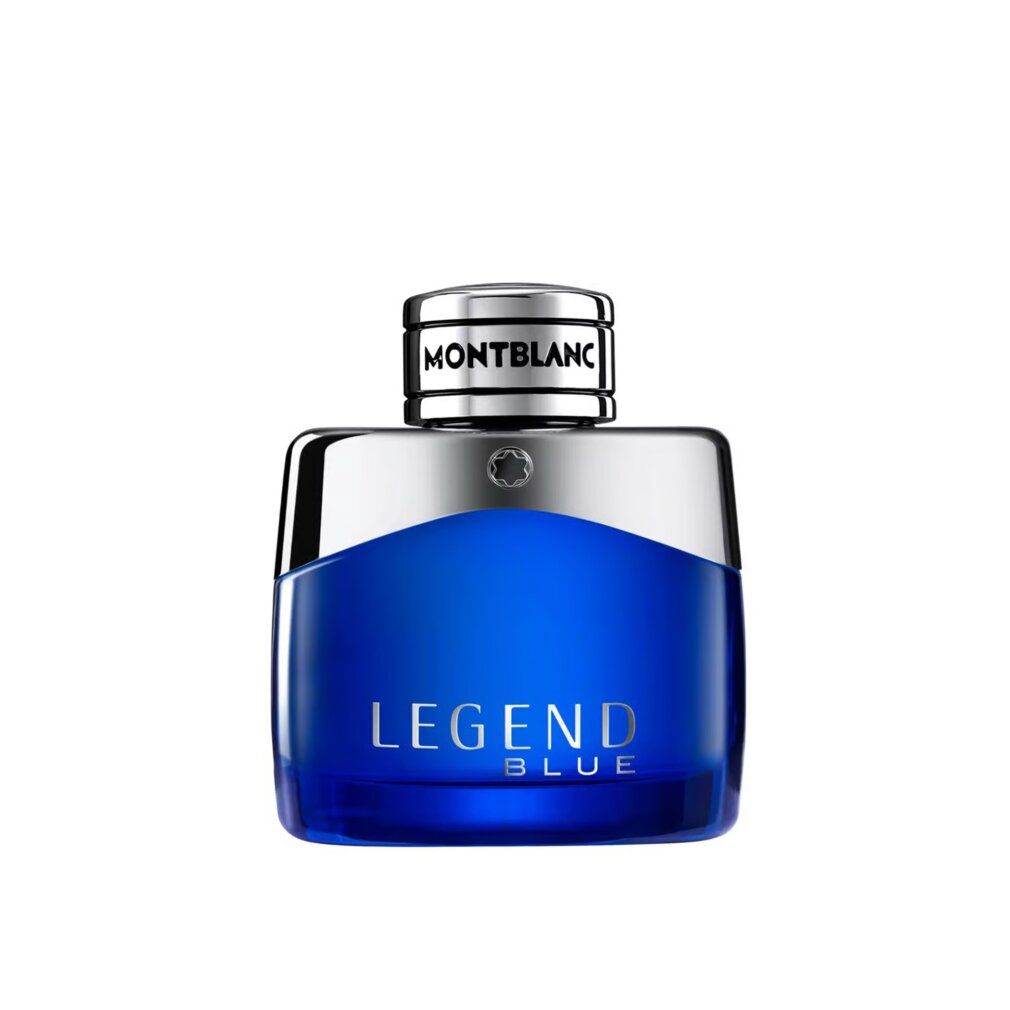 Blauer Flakon mit silbernem Verschluss. Aufschrift LEGEND BLUE und MONTBLANC. EdP Nat. Spray.