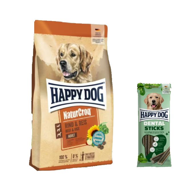 Happy Dog Premium NaturCroq Rind und Reis + Dental Sticks für Hunde 15,1 kg