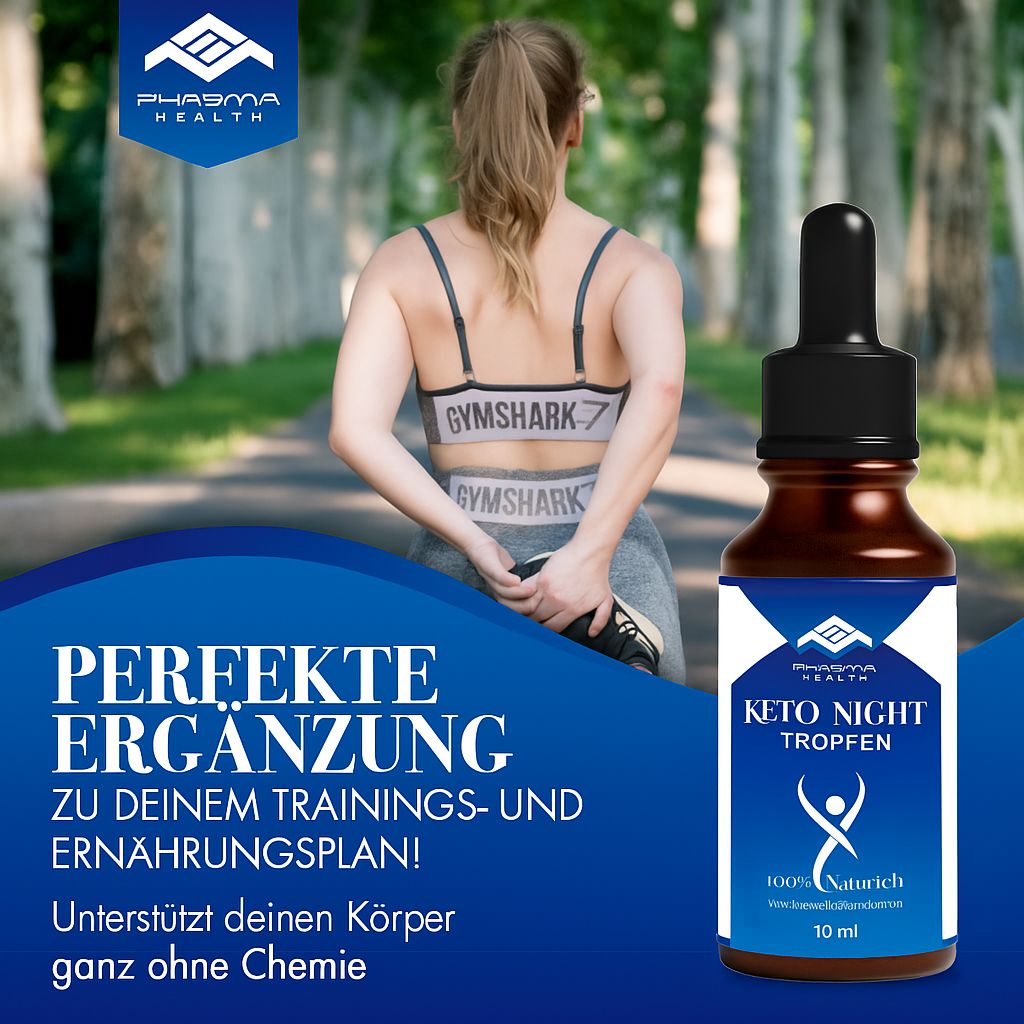 Produktflasche neben Frau beim Dehnen. Text: Perfekte Ergänzung zu deinem Trainings- und Ernährungsplan! Etikett: Keto Night Tropfen.