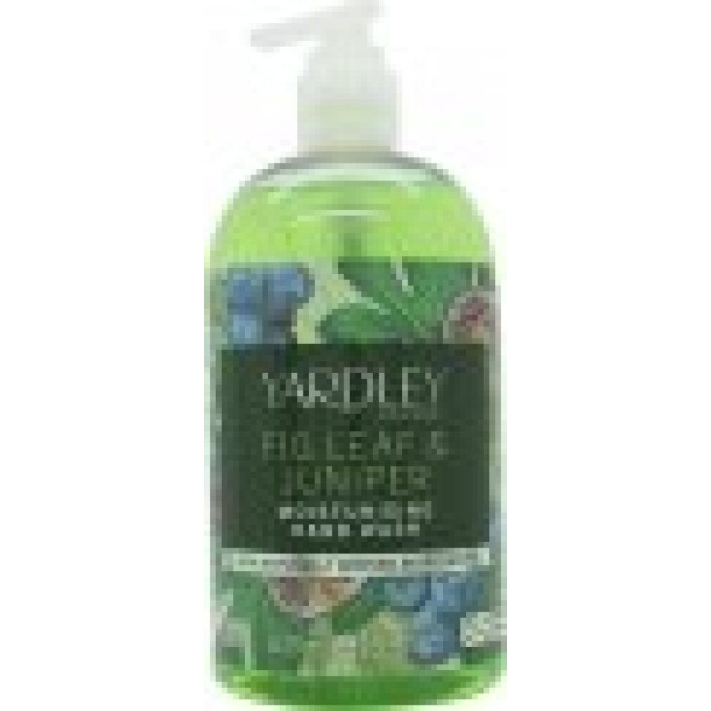 Nahaufnahme der grünen Flüssigseife mit Pumpe. Etikett "Yardley London Fig Leaf & Juniper".