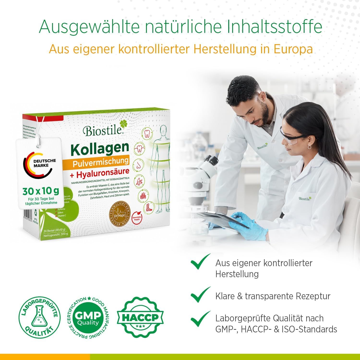 Wissenschaftler im Labor. Biostile Kollagen Box. GMP, HACCP, ISO-Standards. Eigene kontrollierte Herstellung.