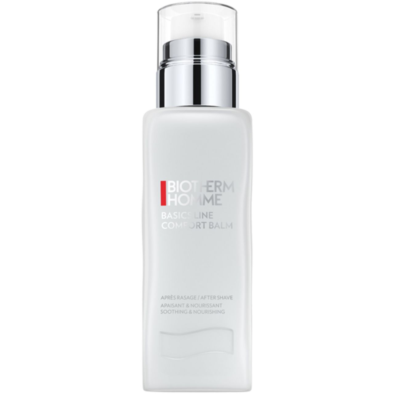 Weißer Flakon mit silbernem Pumpkopf. Aufschrift: BIOTHERM HOMME, BASIC LINE COMFORT BALM. Text: Après rasage/After shave.