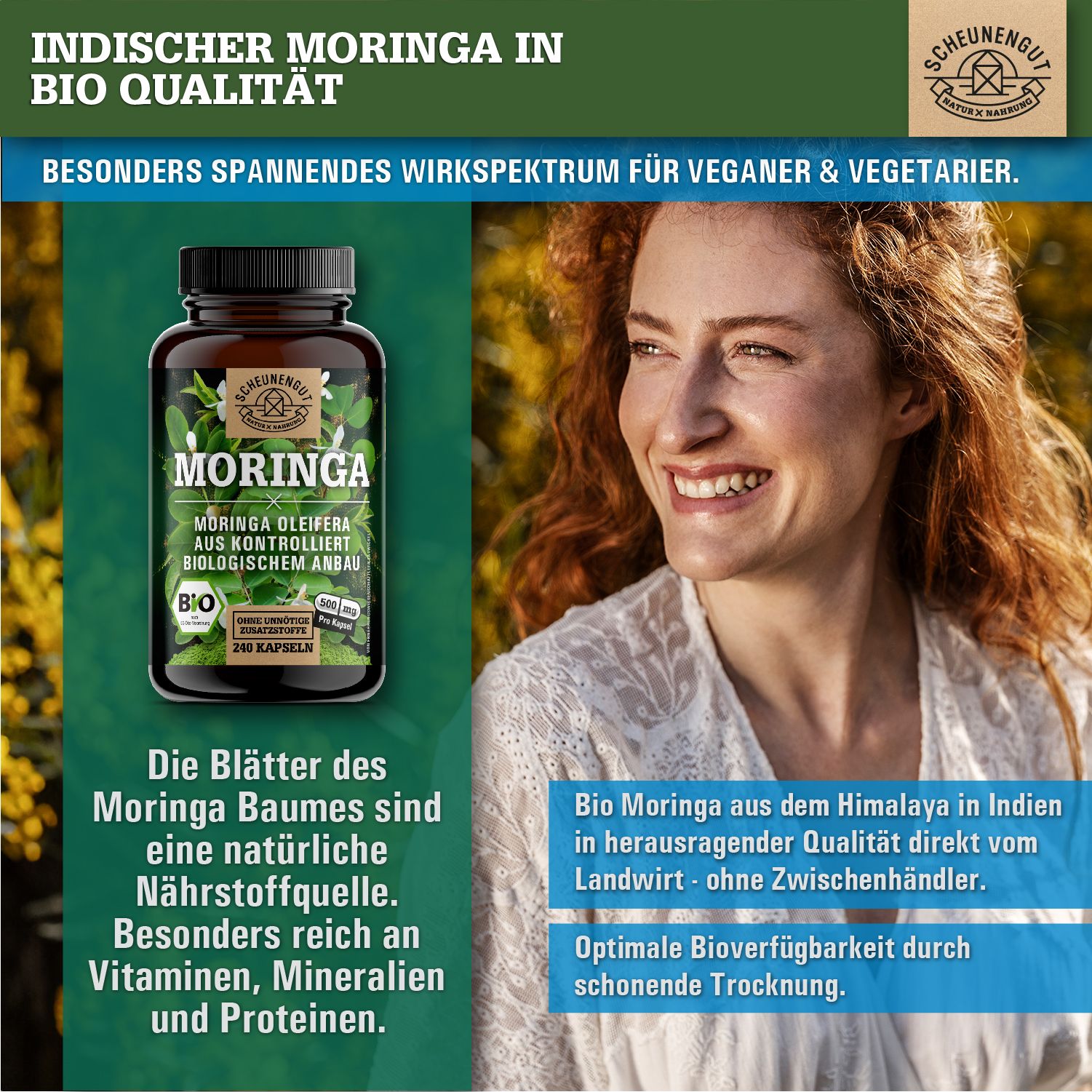 Frau lächelt neben einer Produktabbildung. Zeigt eine Flasche Moringa-Kapseln. Text: Indischer Moringa in Bio-Qualität.