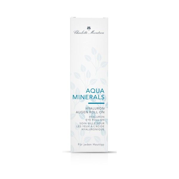 Charlotte Meentzen Aqua Minerals Augen Roll On. Weiße Verpackung mit Produktnamen und floralem Muster. Für jeden Hauttyp.