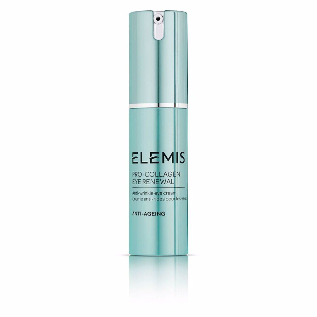 Zylindrische Flasche. Hellblau. Elemis Pro-Collagen Eye Renewal. Anti-Aging-Text. Weißer Spenderkopf.