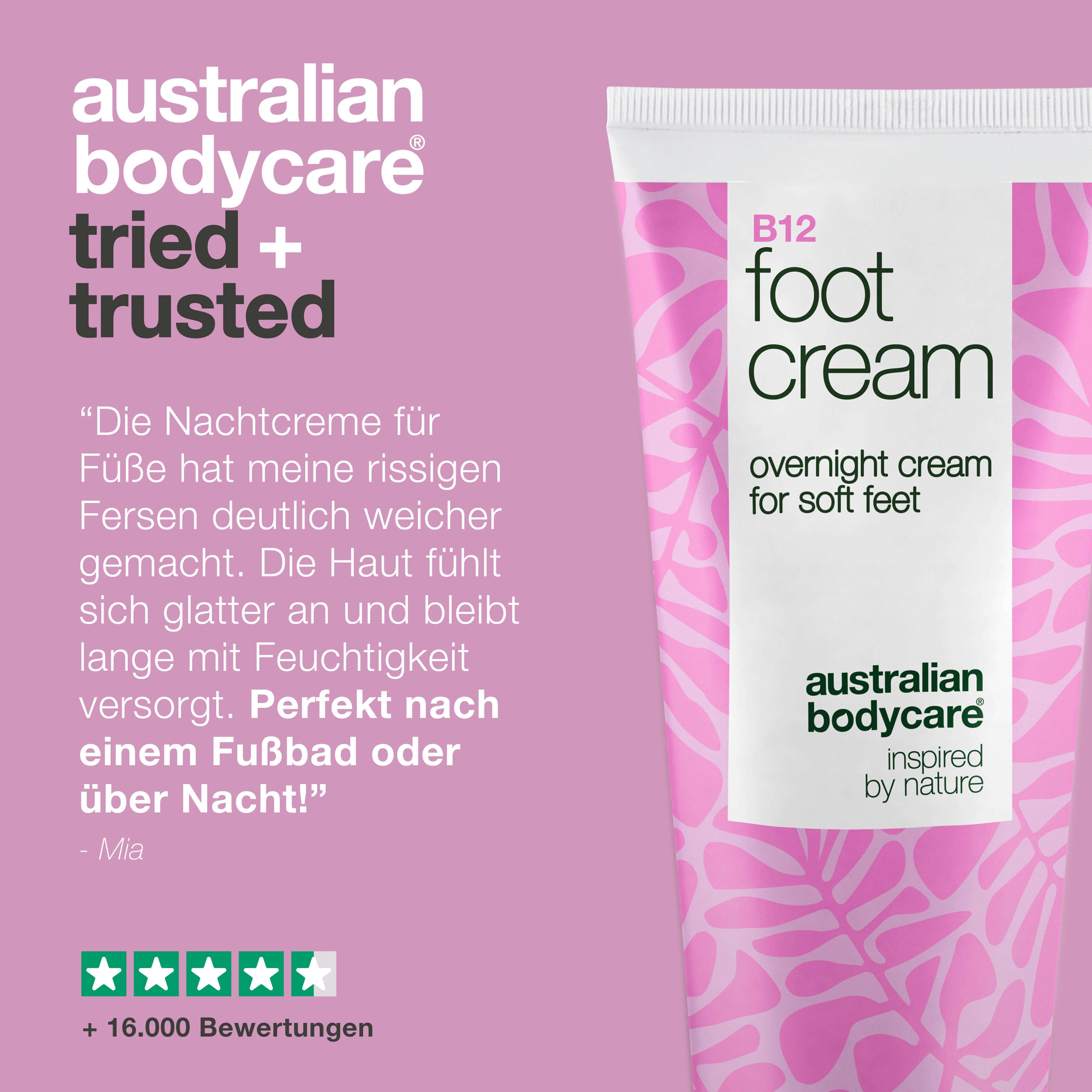 Tube B12 Foot Cream. Text: Australian Bodycare, overnight cream for soft feet. Zitat. Sterne-Bewertung. Text: + 16.000 Bewertungen.
