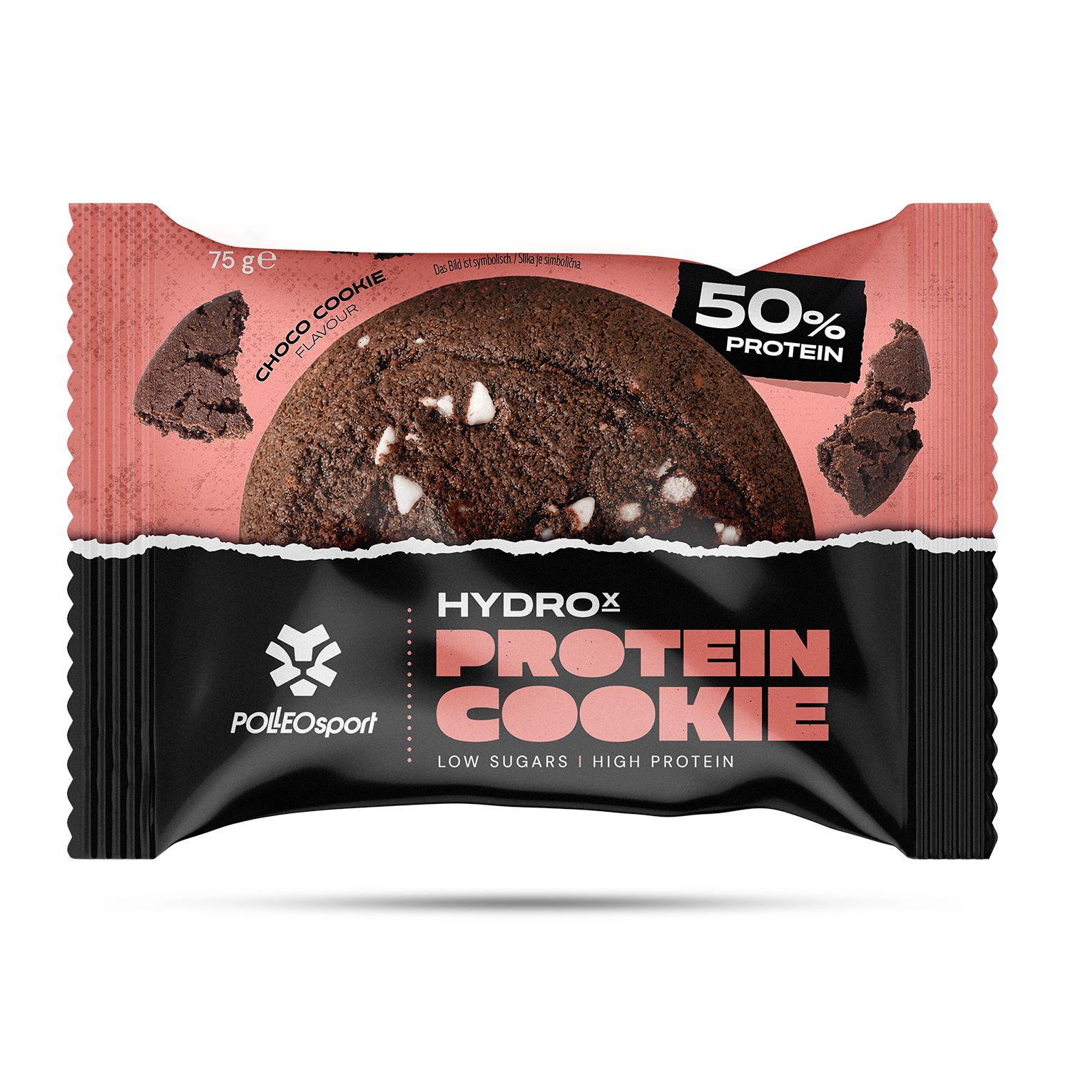 Verpackte Protein Cookie. Schwarze Verpackung mit rosa Akzenten. Aufschrift: HYDROX PROTEIN COOKIE, 50% Protein, Low Sugars, High Protein.