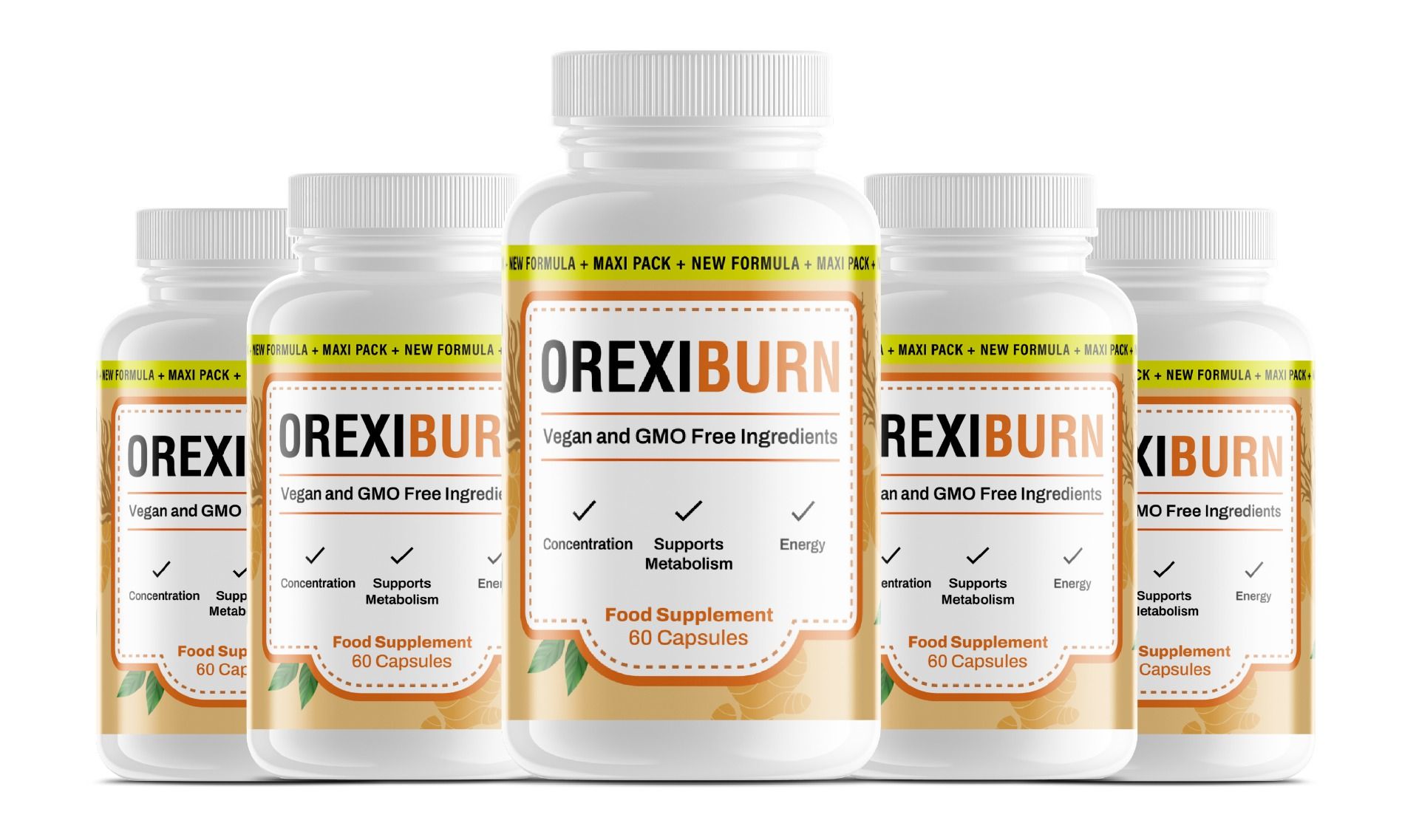 Fünf Flaschen Orexiburn Nahrungsergänzungsmittel mit 60 Kapseln.