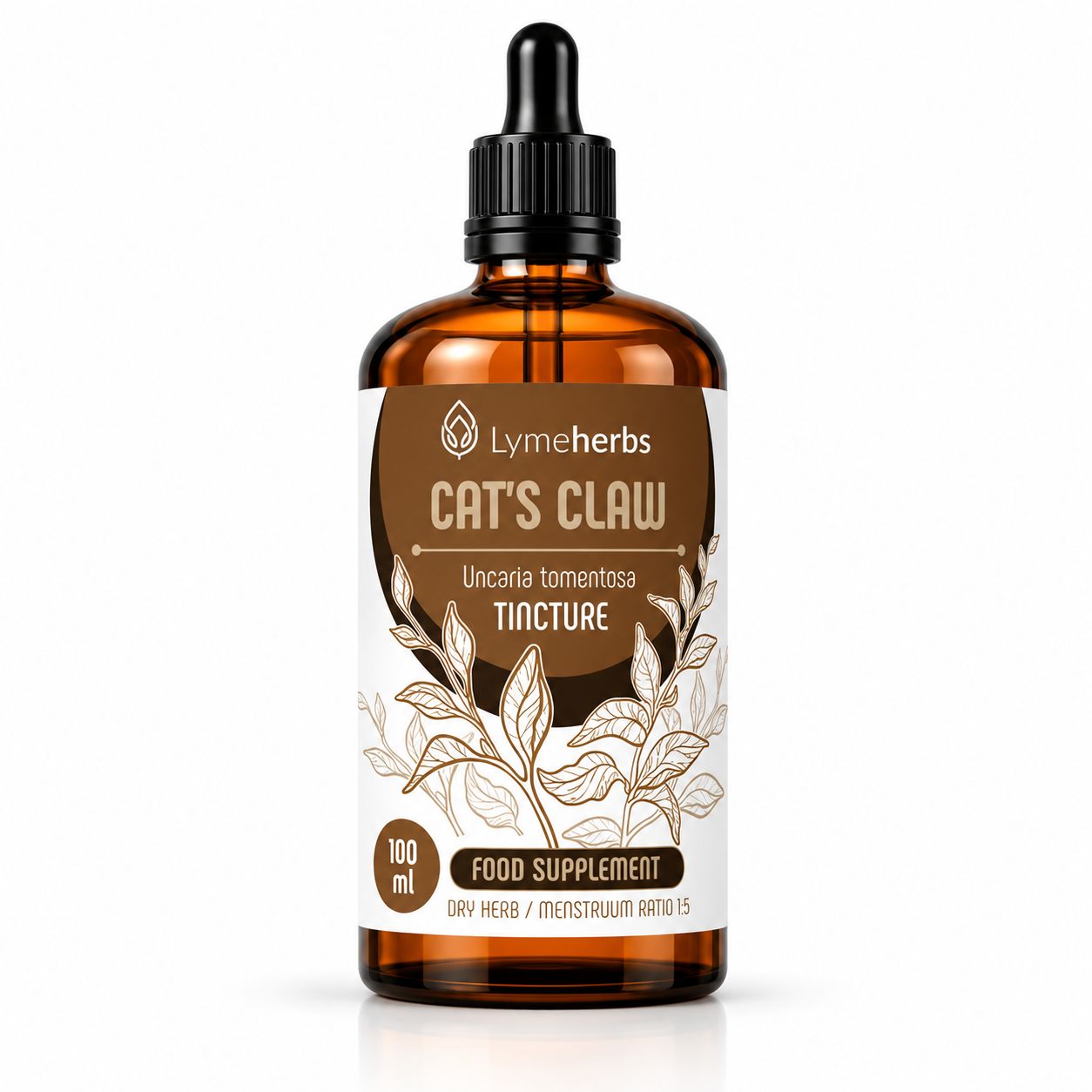 Braune Glasflasche mit Pipettenverschluss, Etikett zeigt 'Lymeherbs CAT'S CLAW TINCTURE', 100 ml.