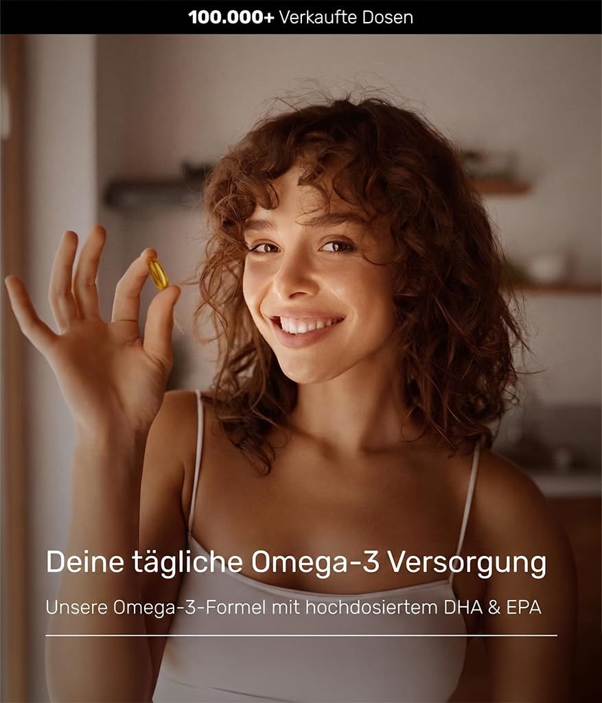 Frau hält Kapsel. Text: Deine tägliche Omega-3 Versorgung. Hochdosiertes DHA & EPA.