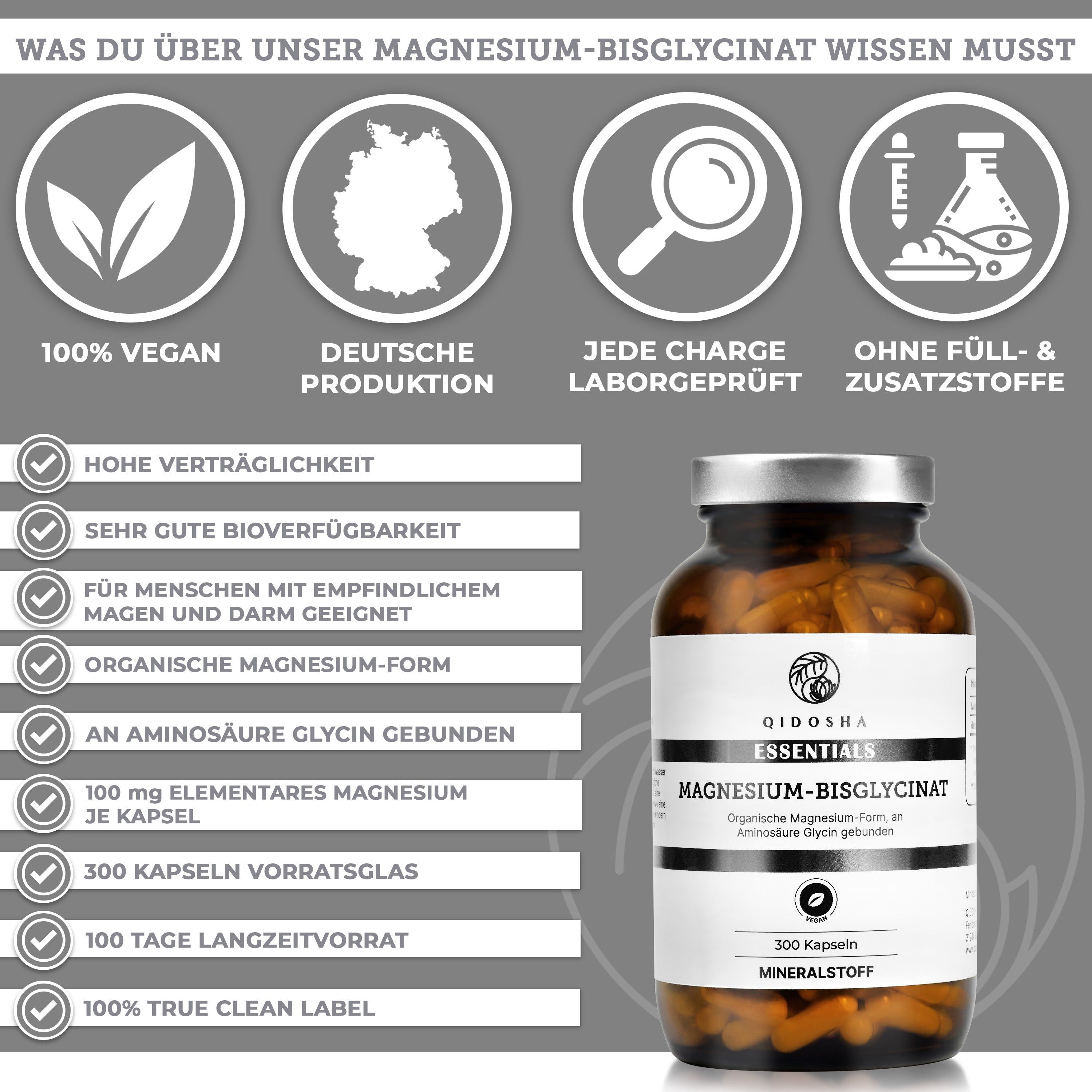 QIDOSHA Magnesium-Bisglycinat: Flasche mit 300 Kapseln. Informationen zu Vegan, deutscher Produktion, Laborprüfung und Verzicht auf Füllstoffe.