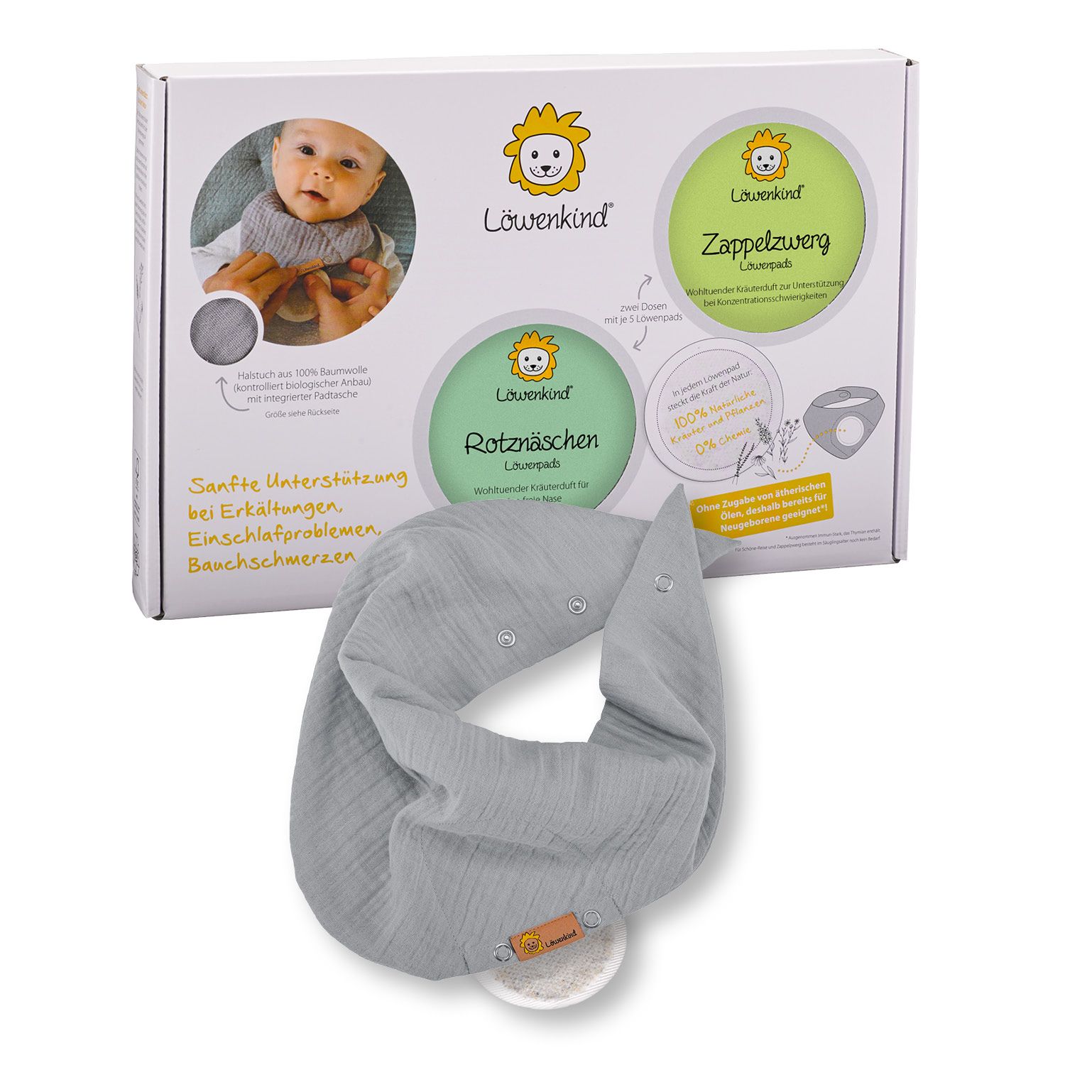 Graues Halstuch mit Knöpfen und Logo. Box mit Produktabbildung und Text. Aufdrucke: Zappelzwerg, Rotznäschen, Löwenkind.