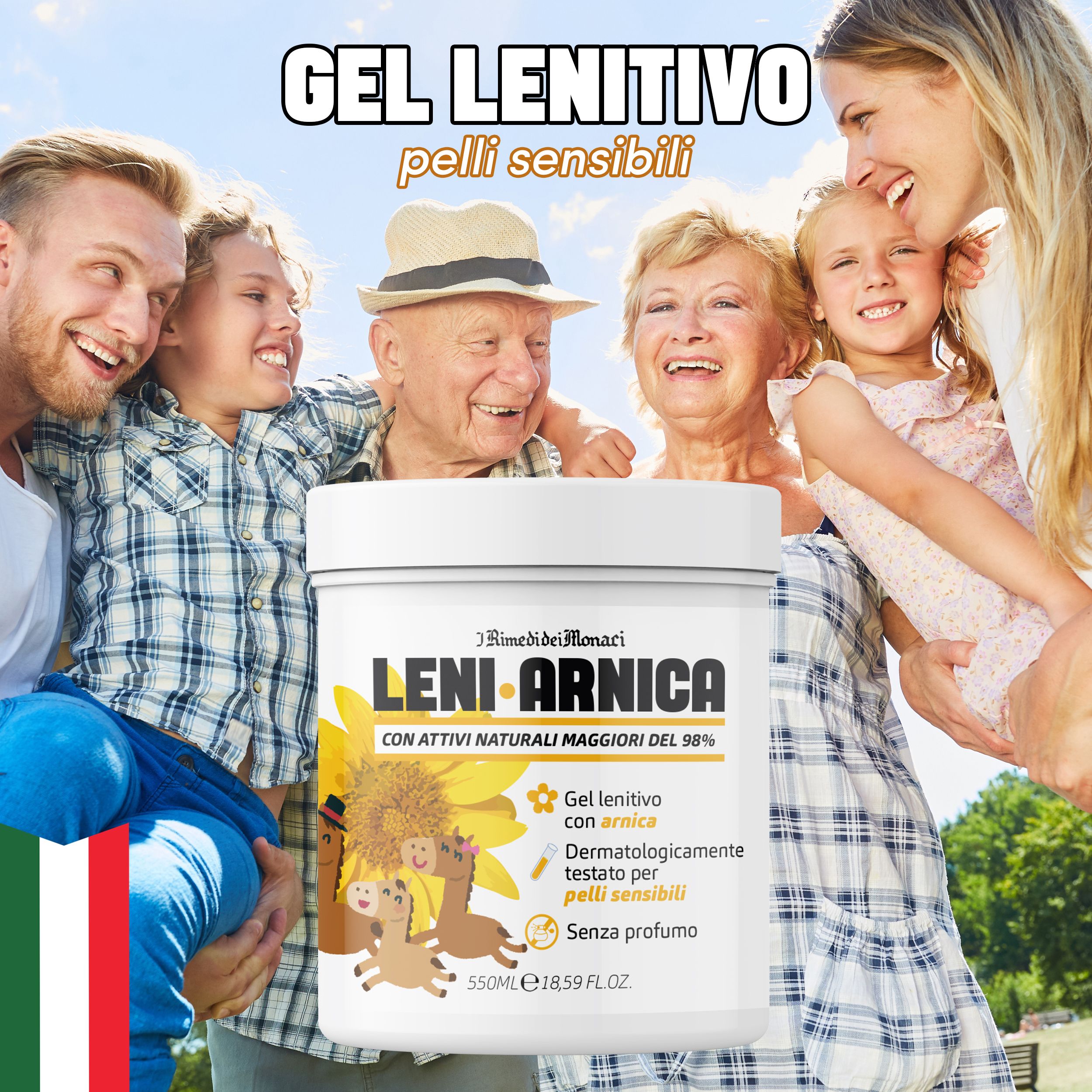 Familie lächelt vor einem weißen Tiegel mit Aufschrift. Gel Arnica Lenitivo, dermatologisch getestet, ohne Parfüm. Mit Logo.