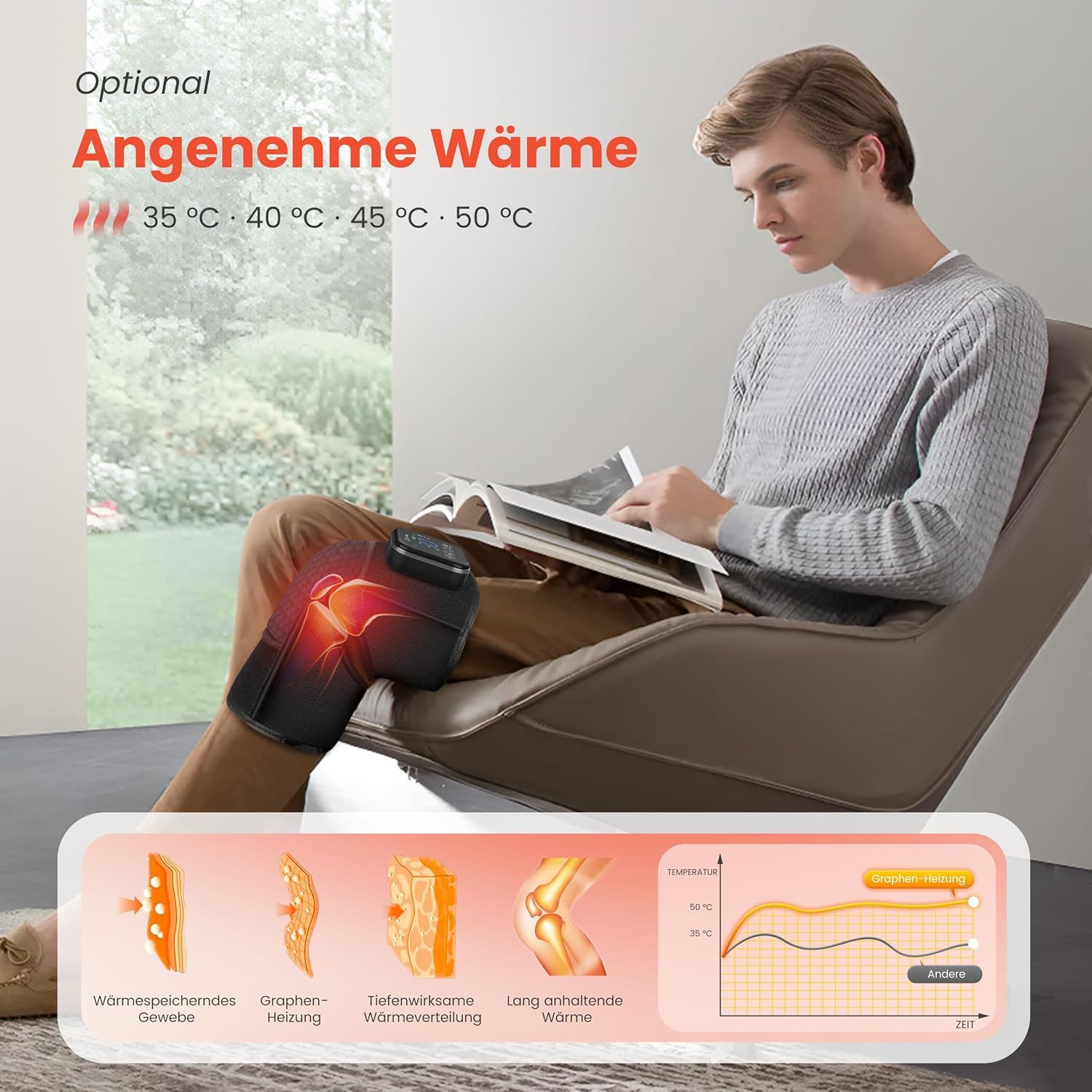 Knie-Therapiegerät mit Rotlicht und Wärmefunktion, zeigt Temperaturen von 35-50°C.