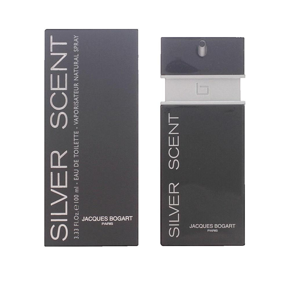 Schwarzer Flakon und Verpackung. Aufschrift: SILVER SCENT, Jacques Bogart. Flakon mit Sprühkopf.