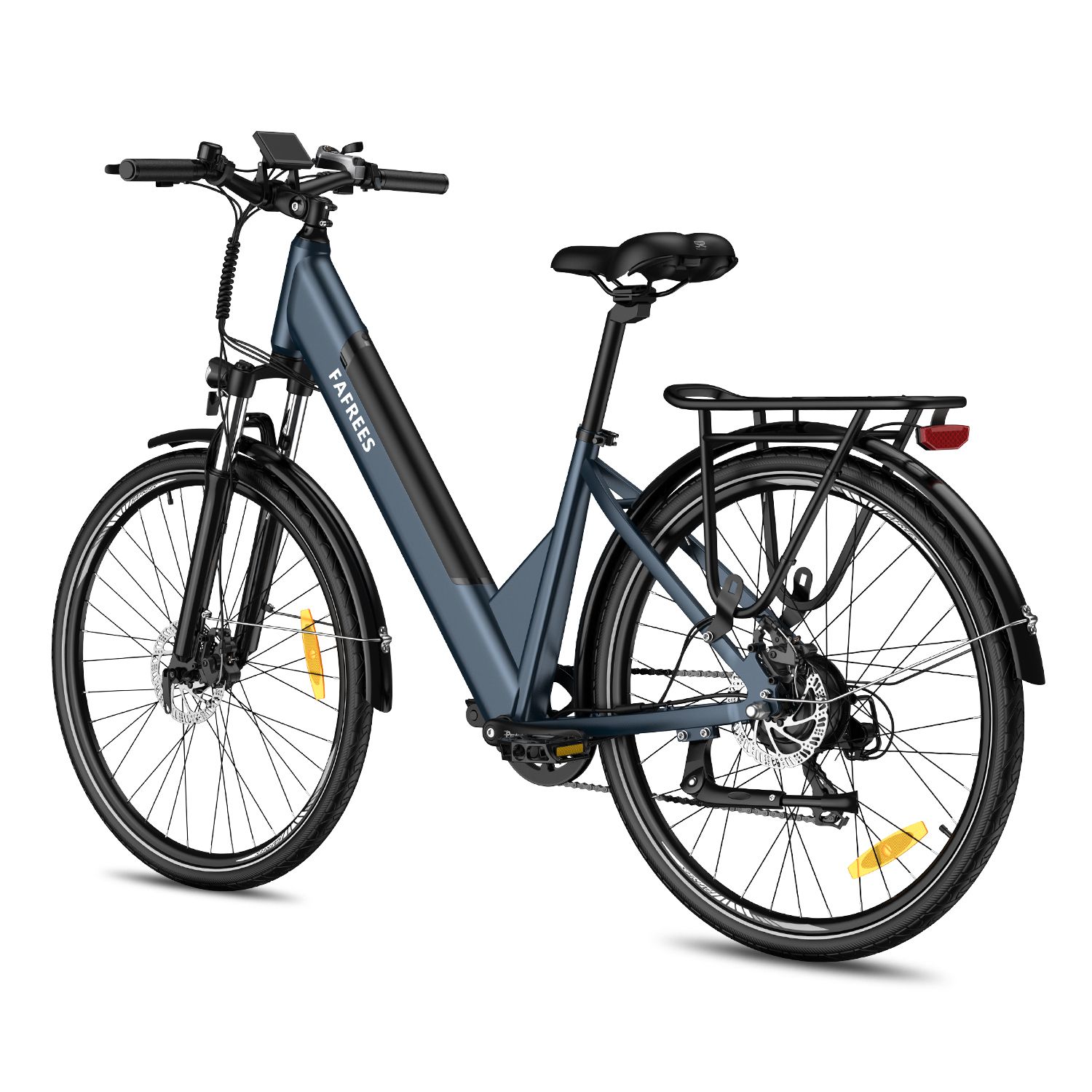 Blaues E-Bike mit Gepäckträger. Marke FAFREES. Schwarze Reifen und Schutzbleche. Gelbe Reflektoren.