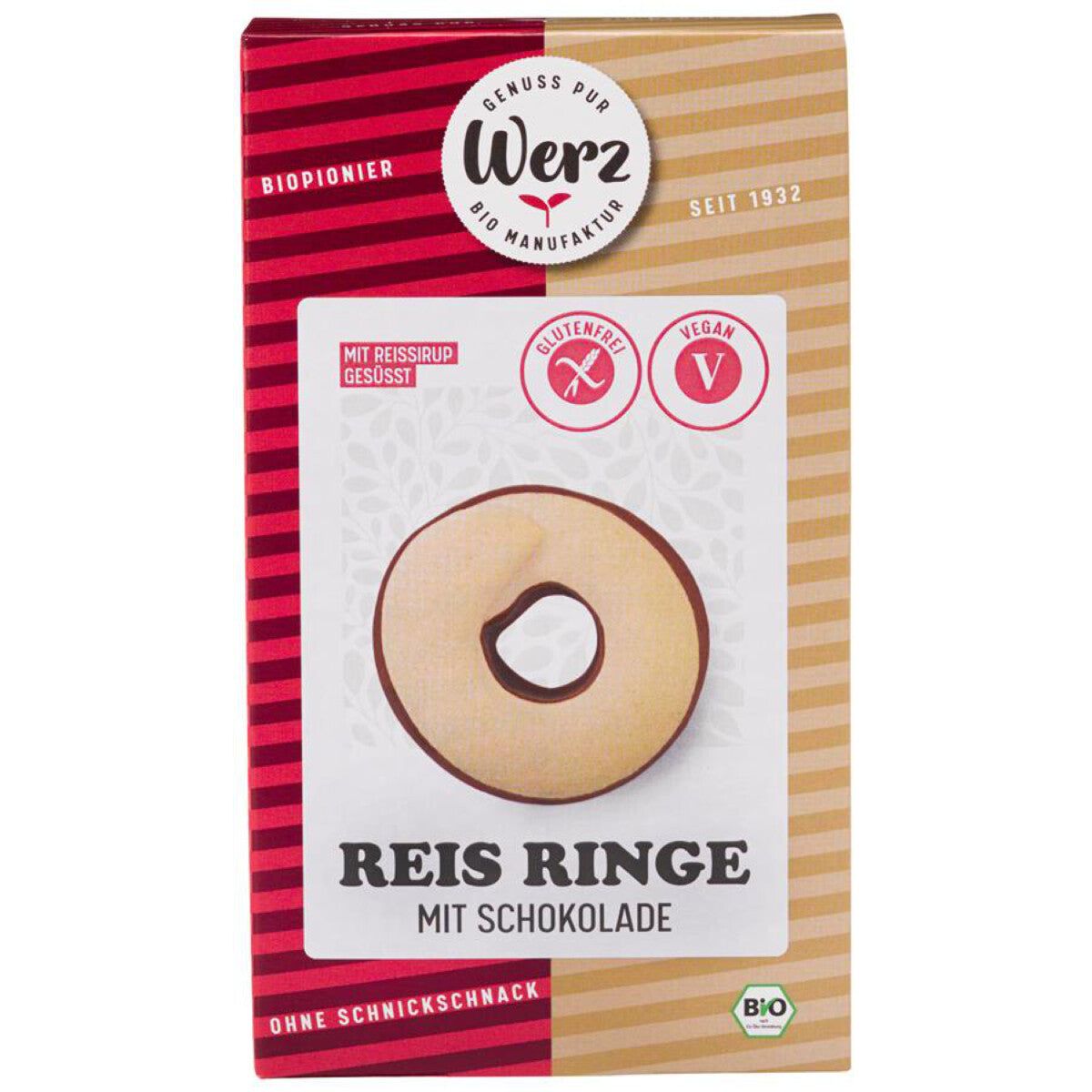Verpackung mit Reis Ringen mit Schokolade. Glutenfrei und vegan. Marke Werz. Aufschrift: Bio.