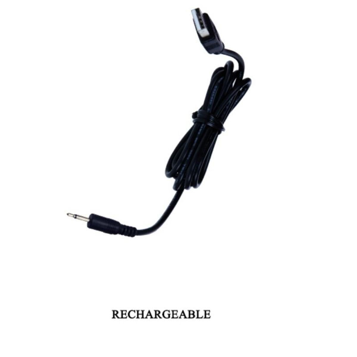 Schwarzes Ladekabel mit USB-Anschluss. Beschriftung: RECHARGEABLE.