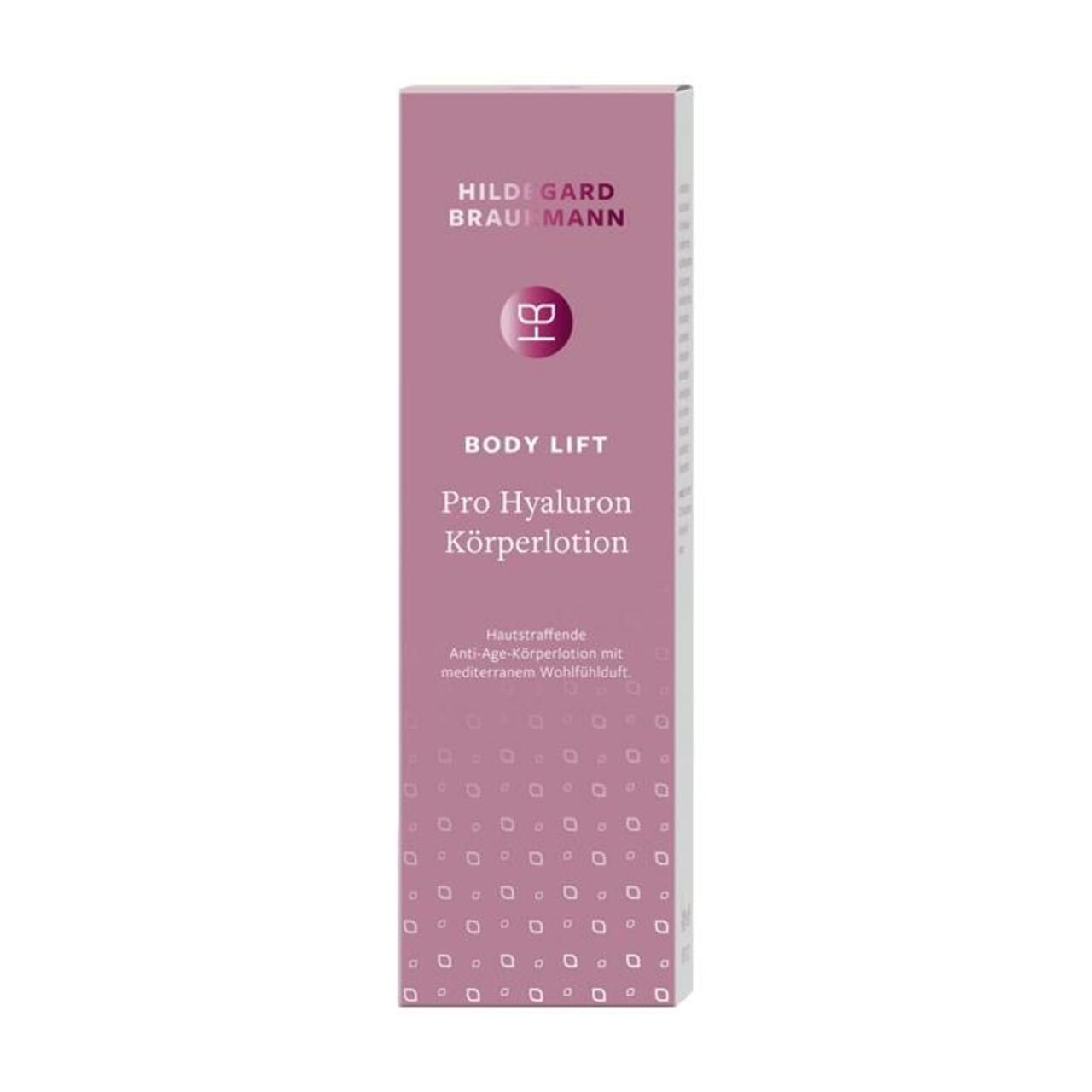 Verpackung der Körperlotion. Aufschrift: Hildegard Braukmann, Body Lift Pro Hyaluron Körperlotion. Anti-Age-Körperlotion.