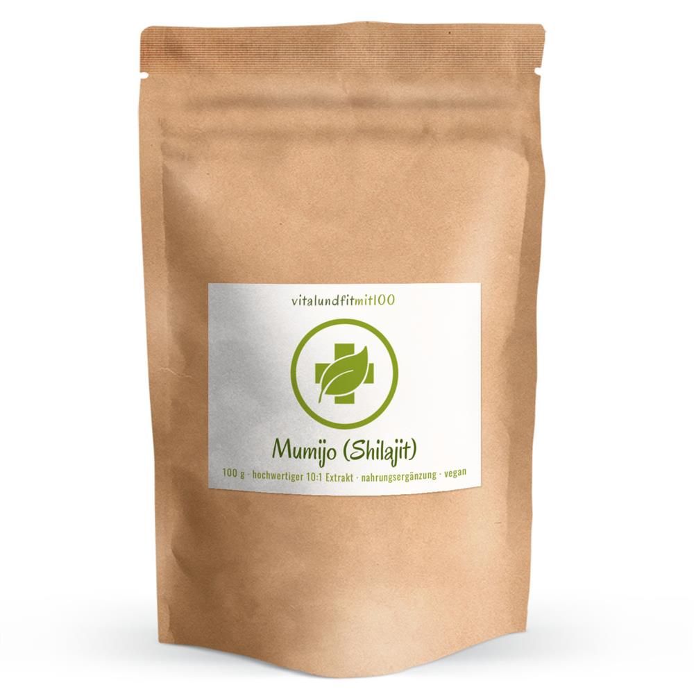 Beutel mit weißem Etikett. Aufschrift: vitalundfitmit100, Mumijo (Shilajit) 10:1 Extrakt Pulver, vegan.