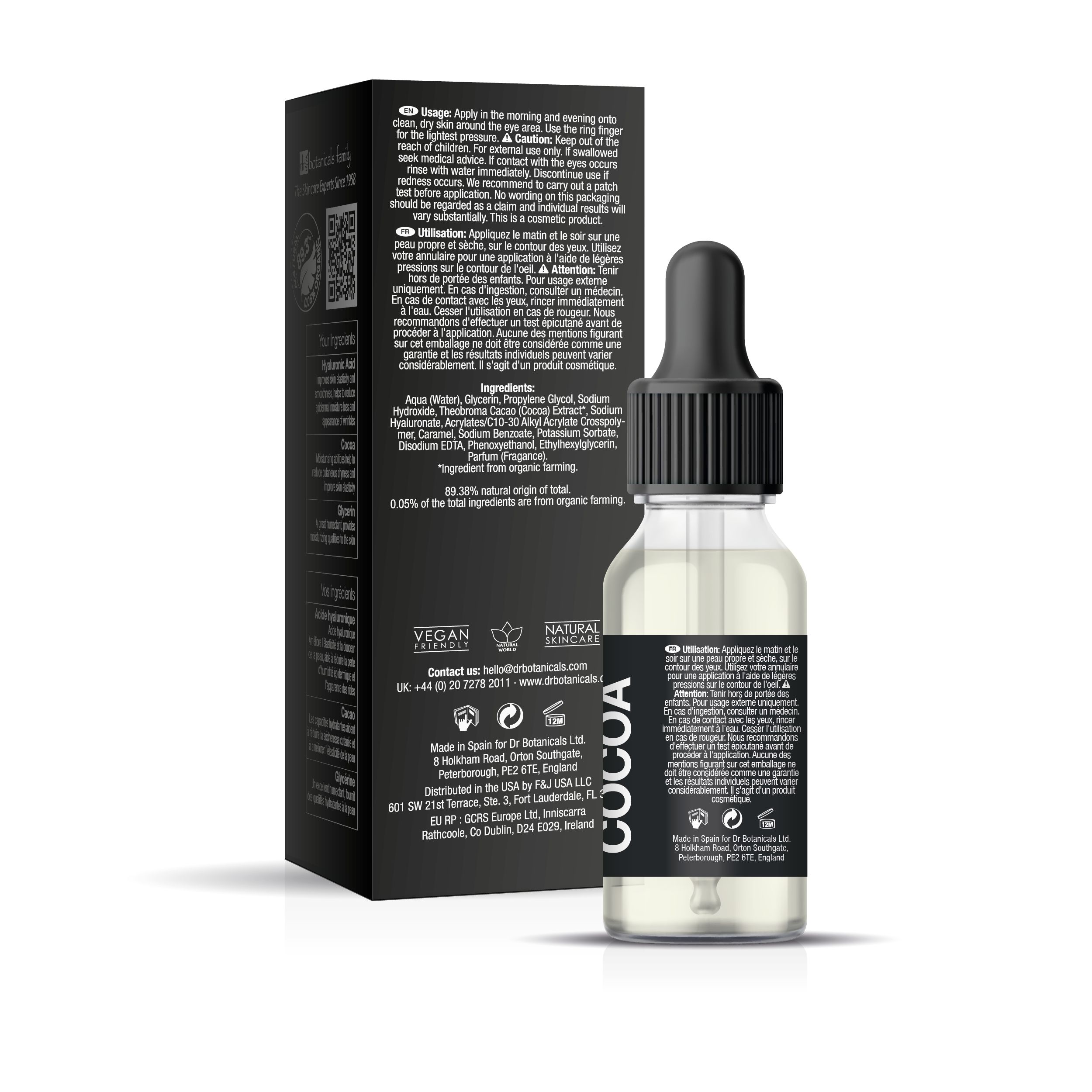 Rückseite der Verpackung mit Text und Inhaltsstoffen. Flasche mit Pipette. Marke: Dr Botanicals Cocoa Noir. Vegan- und Naturkosmetik-Siegel.