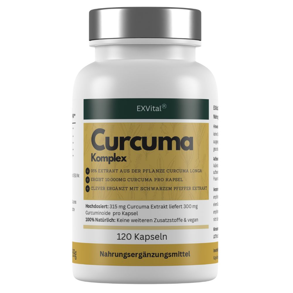 Weißes Pillenbehälter mit silbernem Deckel. Aufschrift: EXVital Curcuma Komplex. Enthält 120 Kapseln. Zusätzliche Informationen.