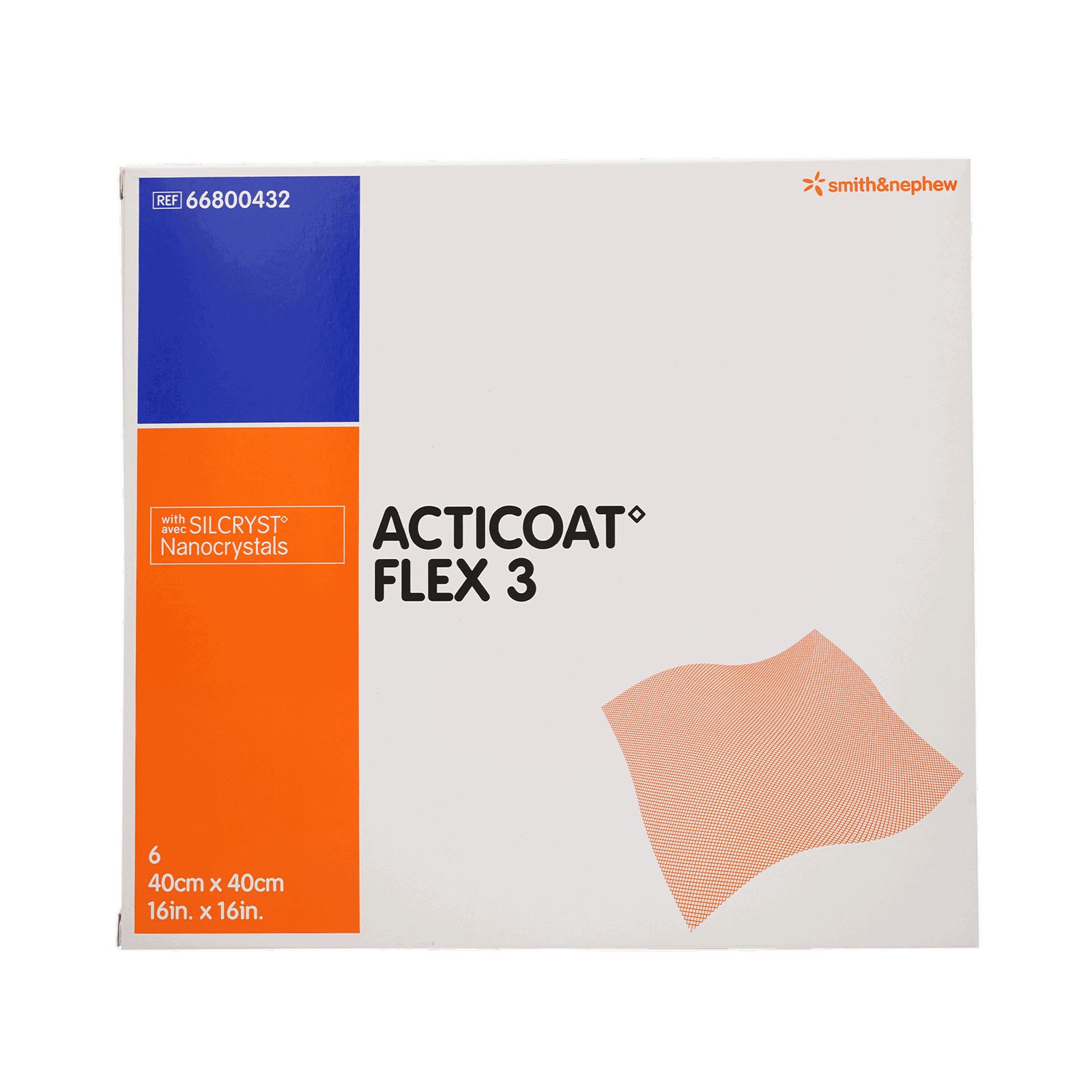 Verpackung von ACTICOAT FLEX 3 Wundauflage. Enthält 6 Stück, 40x40cm. Mit Wundauflage. Marke Smith & Nephew.