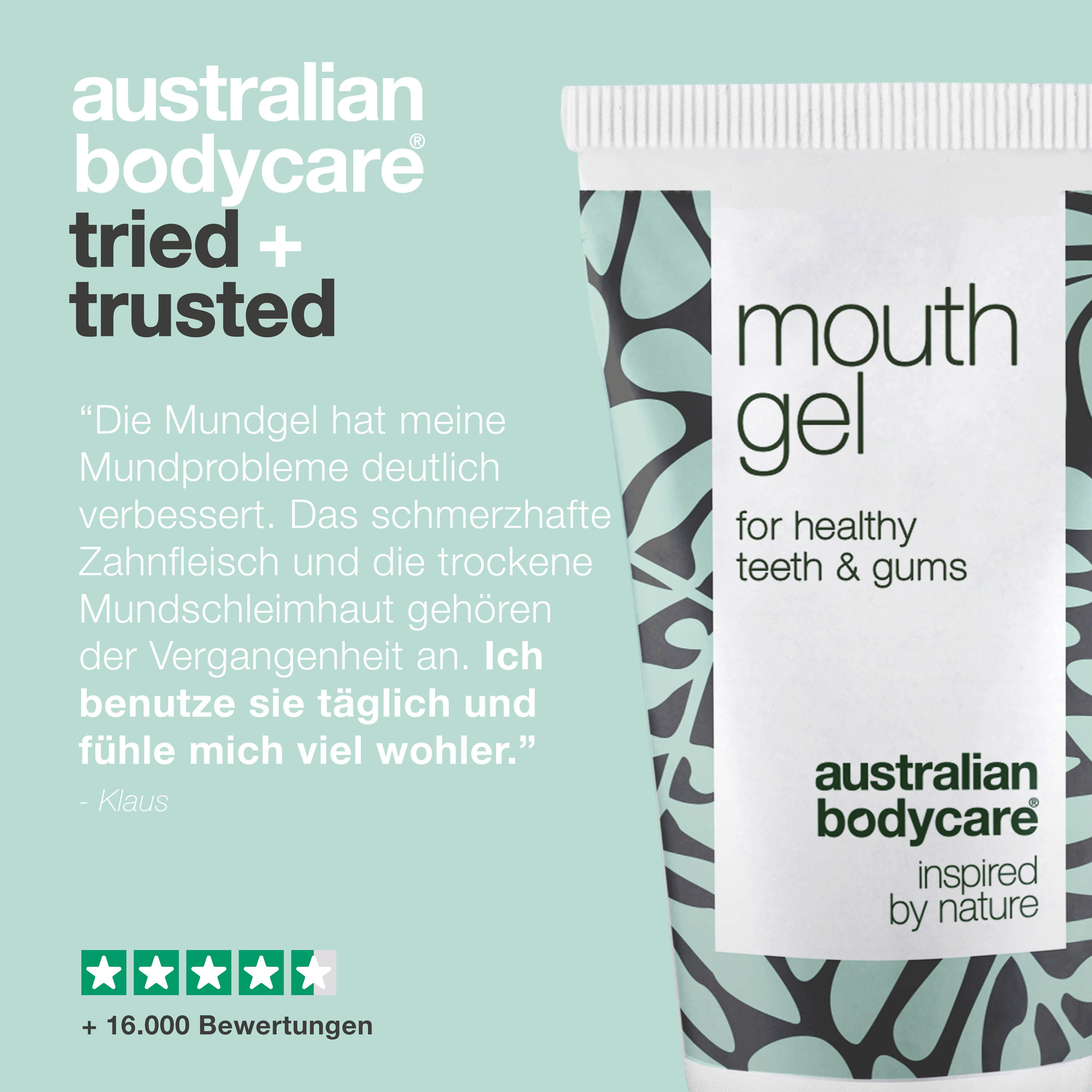 Werbebild: Mundgel-Tube. Text: mouth gel, for healthy teeth & gums, Australian Bodycare, tried + trusted.