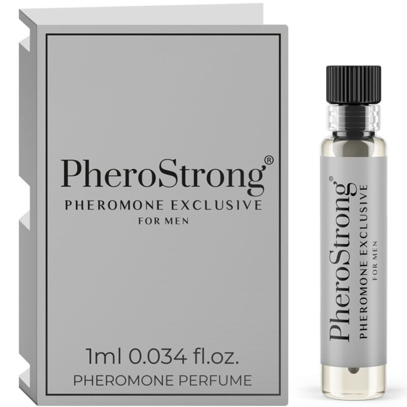 PheroStrong Pheromone Exclusive für Männer. Flakon und Verpackung. Schwarzer Deckel, transparente Flüssigkeit. 1ml.