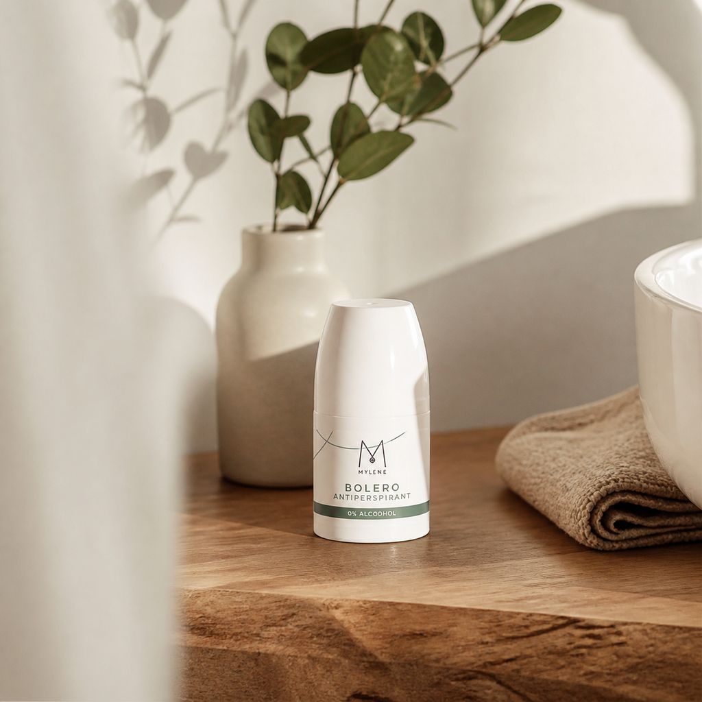 Mylène Bolero Deo Roller Antitranspirant, 0% Alkohol, auf einem Holzregal neben einer Vase.
