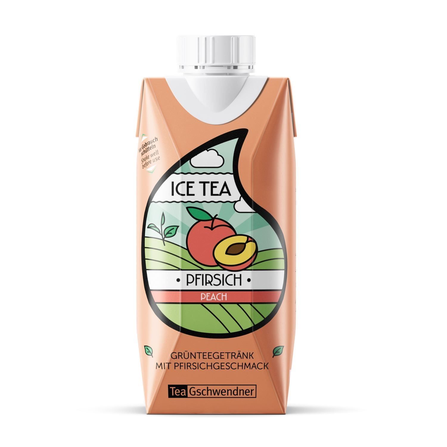 Getränkepackung mit Pfirsich-Motiv. Aufschrift: Ice Tea Pfirsich. Marke: TeeGschwendner. Grünteegetränk mit Pfirsichgeschmack.
