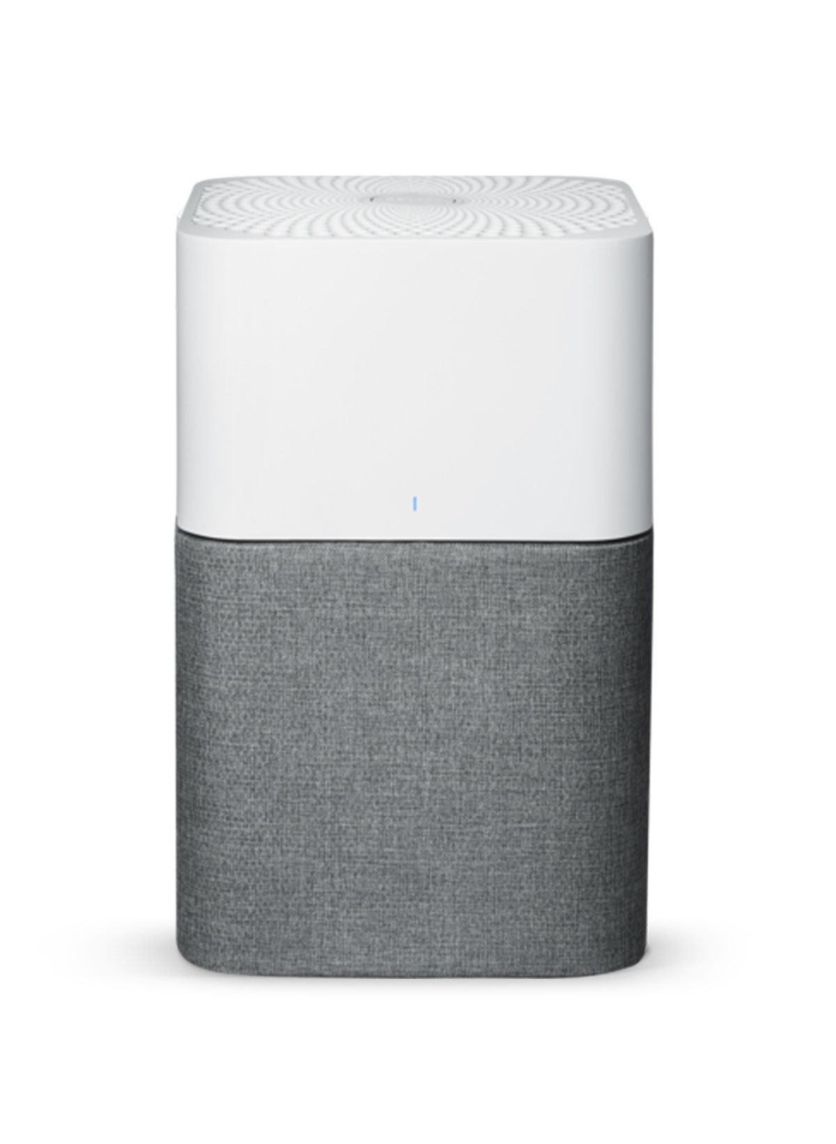 Luftreiniger, zweifarbig. Oberteil weiß, Unterteil grau. Rechteckige Form. Stoffstruktur am Unterteil. Blaues Licht.