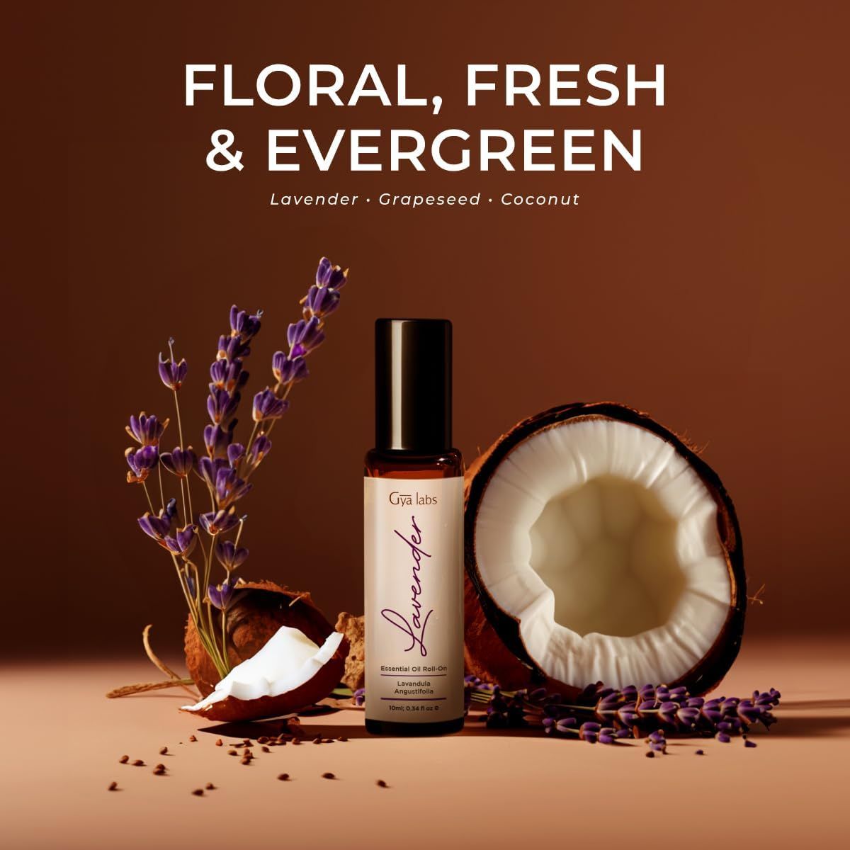 Lavendel-Roll-on neben Kokosnuss und Lavendelblüten. Text: "Blumig, frisch & immergrün". Gya Labs-Logo sichtbar.
