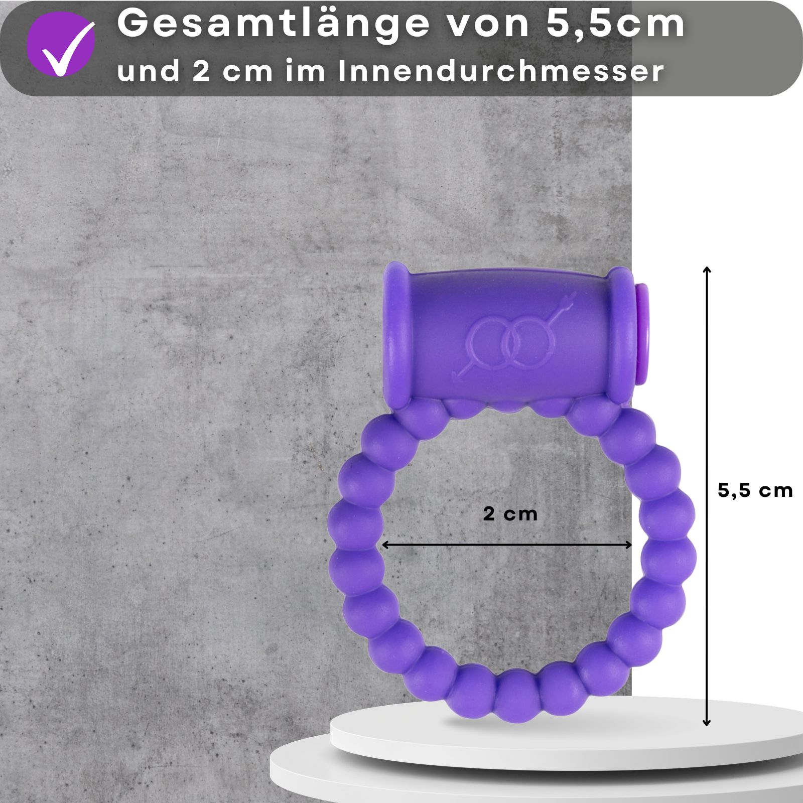 Produktabbildung mit Text. Zeigt einen lila Penisring mit Text: Gesamtlänge von 5,5 cm und 2 cm Innendurchmesser.