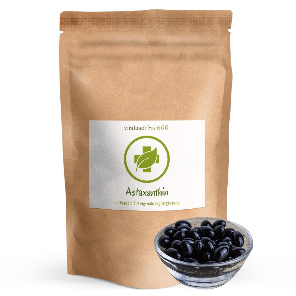 Braune Papiertüte mit Etikett und Glasschale mit schwarzen Kapseln. Etikett: vitalundfitmit100, Astaxanthin, 60 Kapseln.