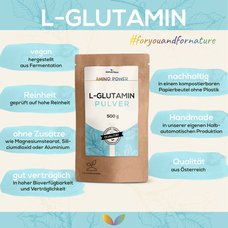 Braune Papierverpackung mit weißem Etikett. Aufschrift: L-Glutamin Pulver, 500g. Siegel: 100% Qualität, vegan, umweltfreundlich. Text: #foryouandfornature.