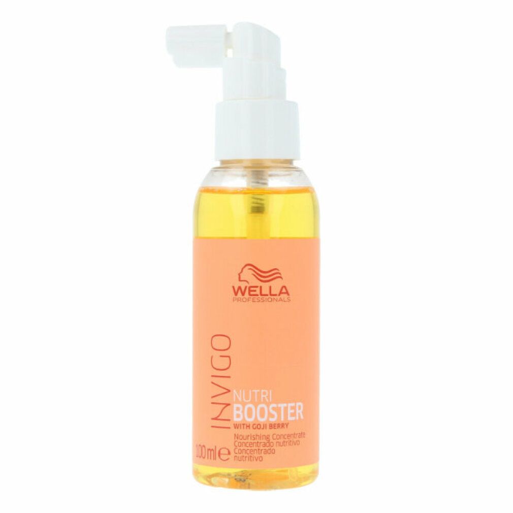 Flasche mit orangefarbenem Etikett. Aufschrift: Invigo Nutri Booster. Mit Goji-Beere. Mit Dosierspender.