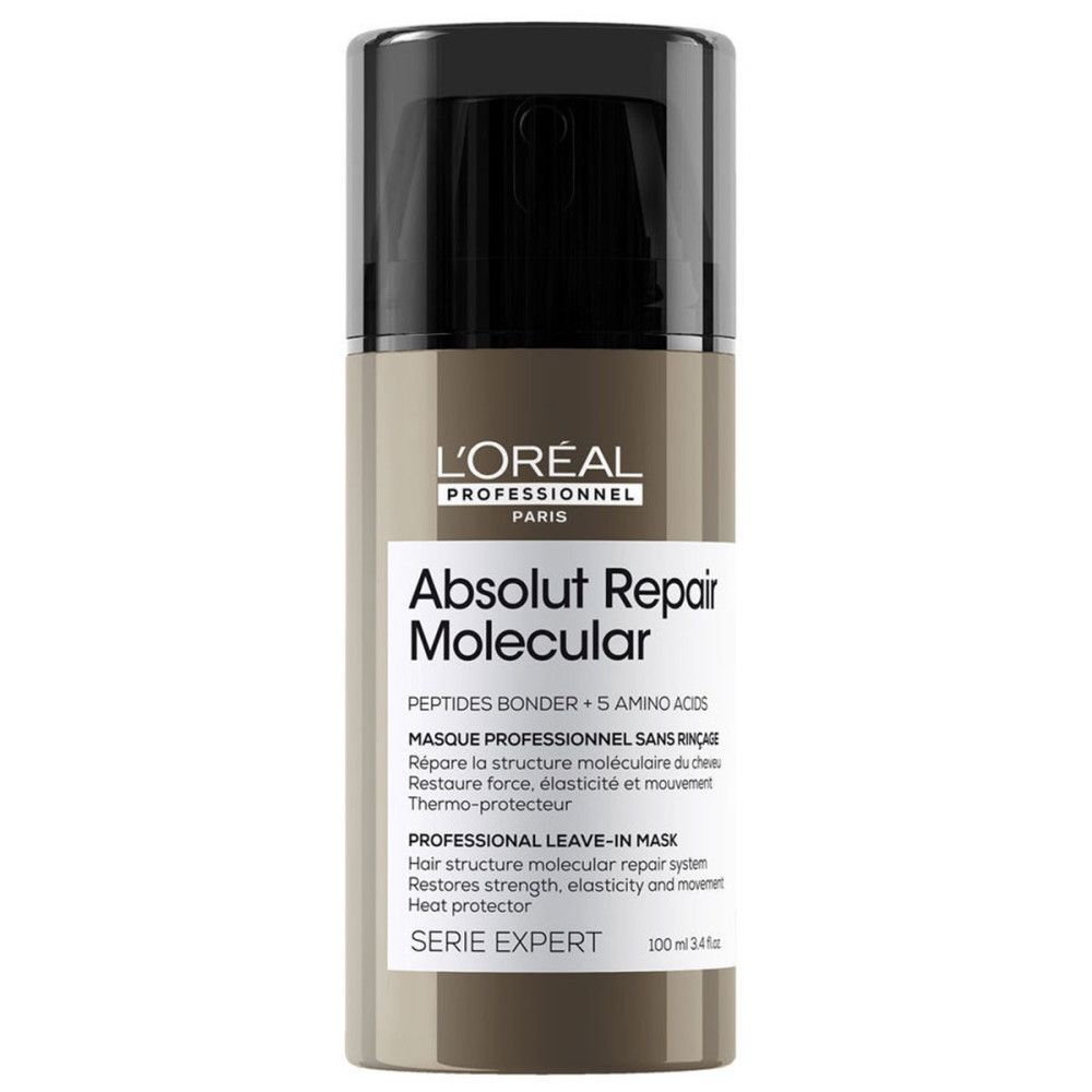Zylindrische Flasche mit schwarzem Deckel. Aufschrift: L'Oréal Professionnel, Absolut Repair Molecular, Serie Expert. Enthält 100 ml.