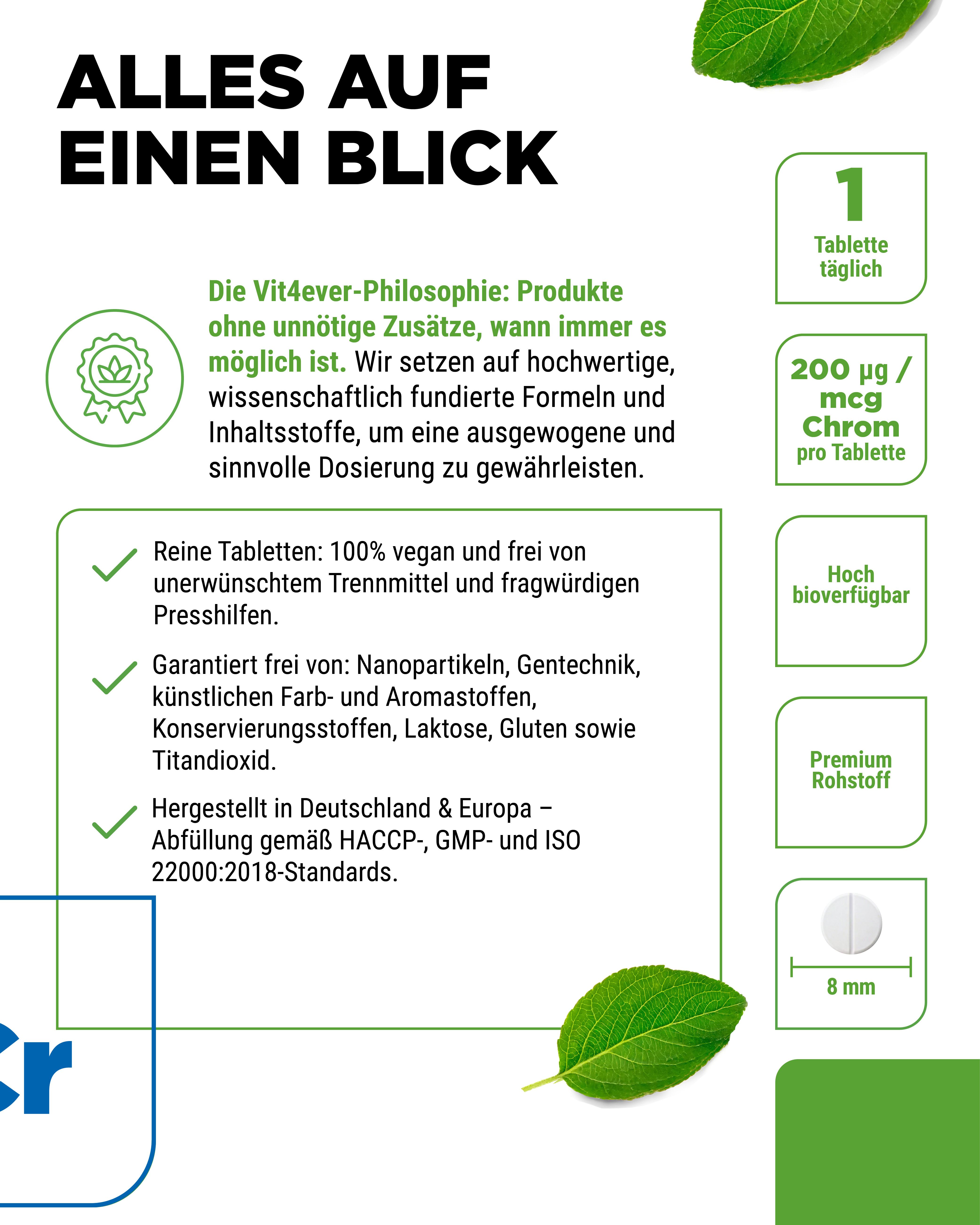 Vit4ever Chrom 200mcg: 1 Tablette täglich, 200mcg Chrom, hoch bioverfügbar, Premium Rohstoff.