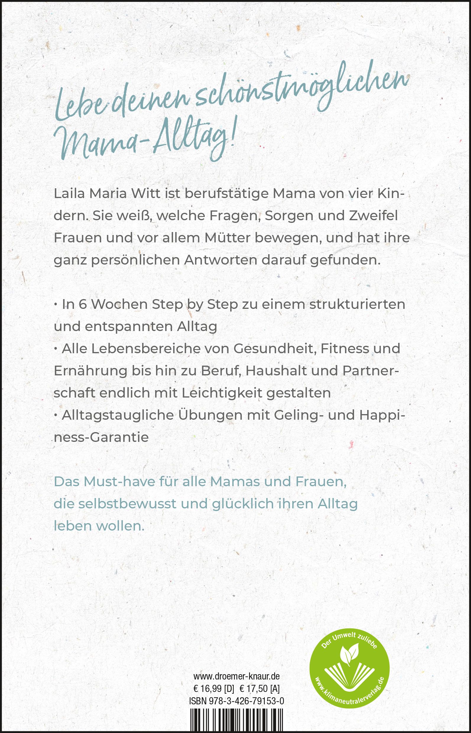 Rückseite des Buches Happiness hausgemacht! Text und Logo "Der Umwelt zuliebe".