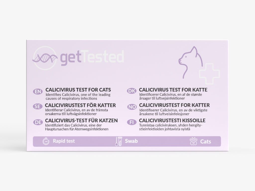 Verpackung für einen Calicivirus-Test für Katzen. Aufschrift: getTested. Enthält Testinformationen in mehreren Sprachen.