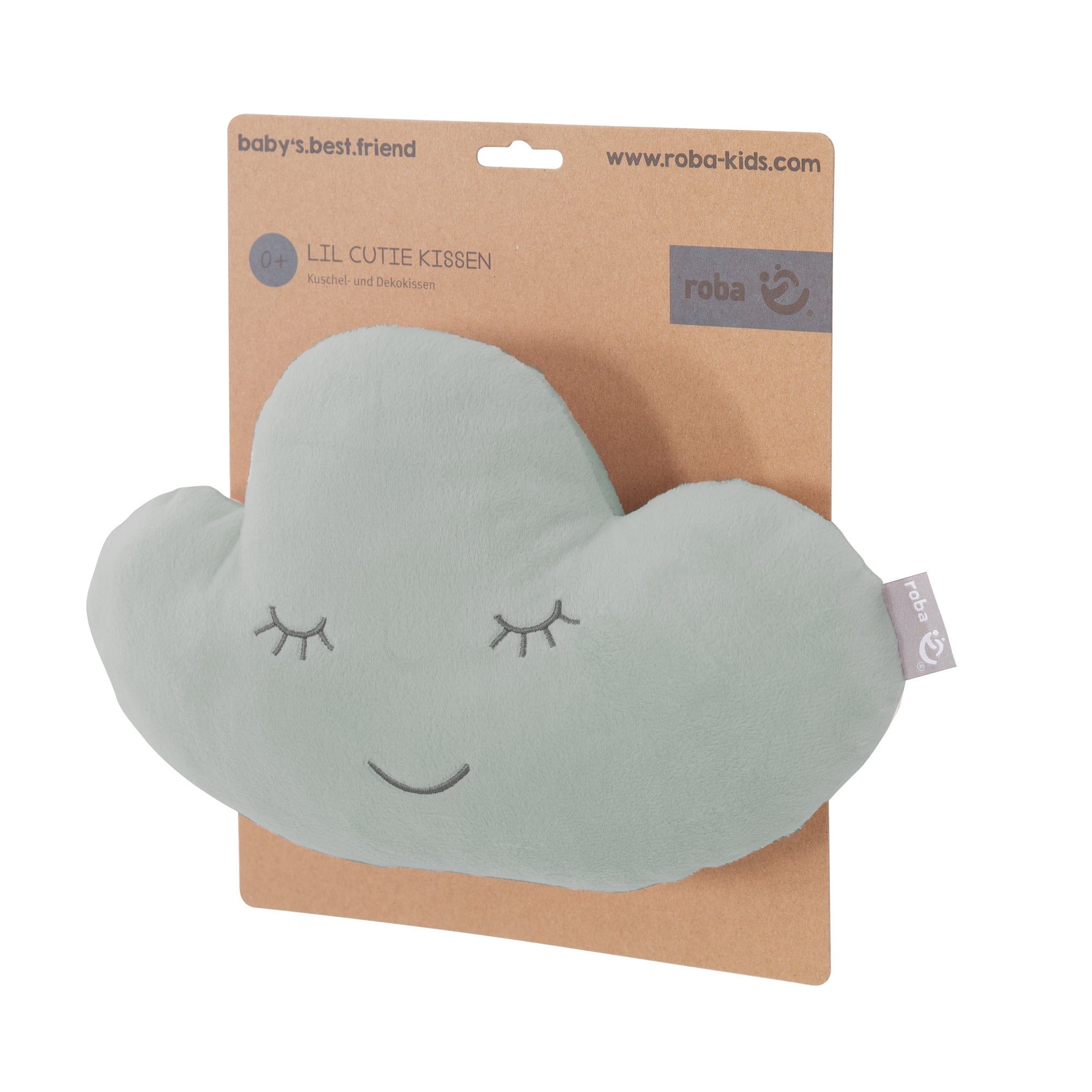 Hellgrünes Wolkenkissen auf Pappkarte. Aufgestickte Augen und Mund. Marke roba.
