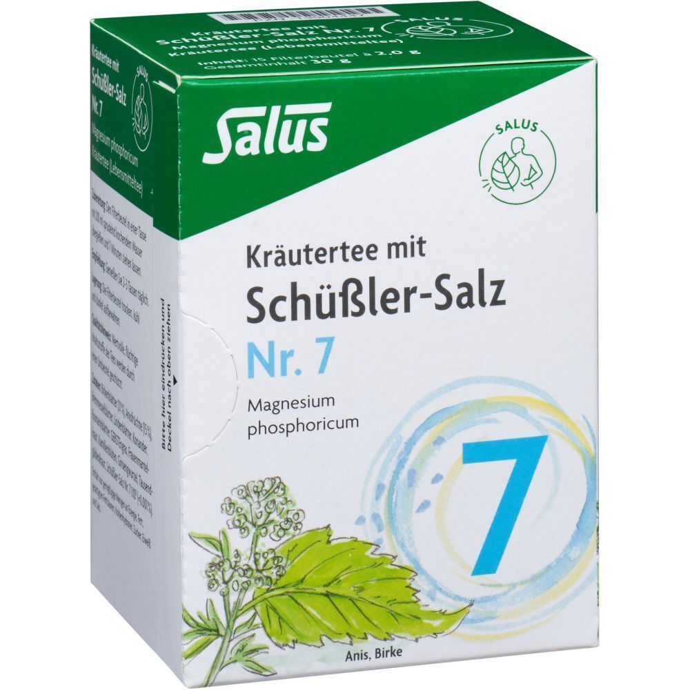 Kräutertee-Verpackung mit Salus-Logo und Nr. 7. Enthält Magnesium phosphoricum. Abbildung von Blättern und Blüten.