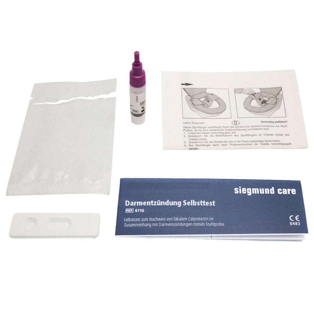 Testkit für Darmentzündung. Enthält Teststreifen, Fläschchen, Anweisungen und Beutel. Marke: siegmund care.