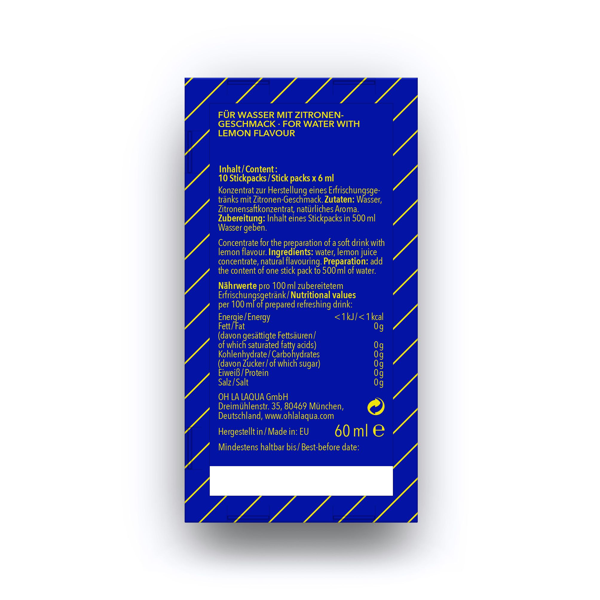 Rückseite der blauen Verpackung. Text in Deutsch und Englisch. Enthält Informationen zu Inhaltsstoffen und Nährwerten. 60 ml.