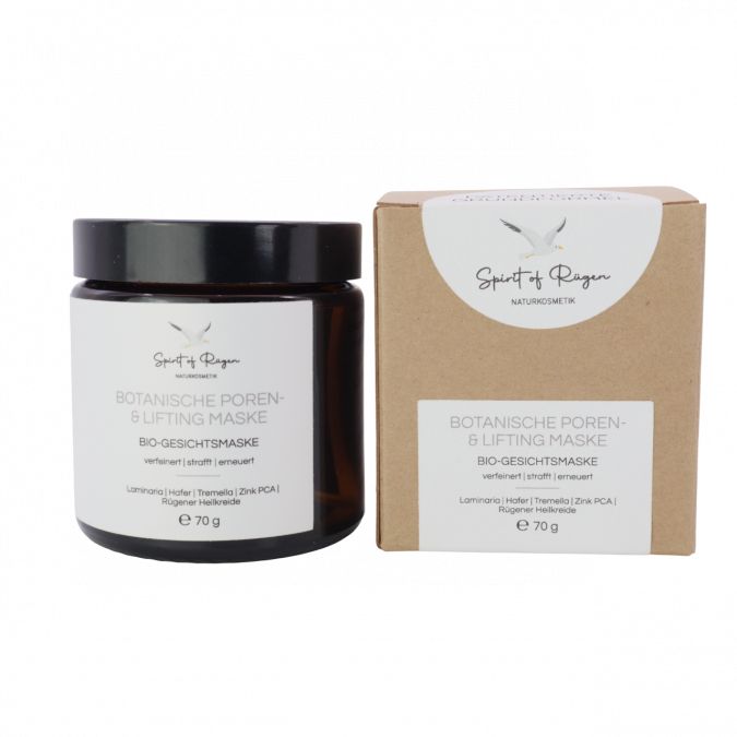 Braunes Glas mit schwarzem Deckel und Karton. Etikett mit Produktname und Inhaltsstoffen. 70 g.