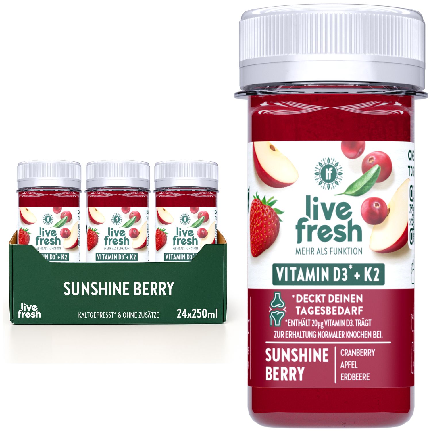 Drei Flaschen LiveFresh Vitamin D3+K2 Sunshine Berry in einer Verpackung. Aufschrift: Kaltgepresst & ohne Zusätze. Einzelne Flasche mit Produktabbildung.