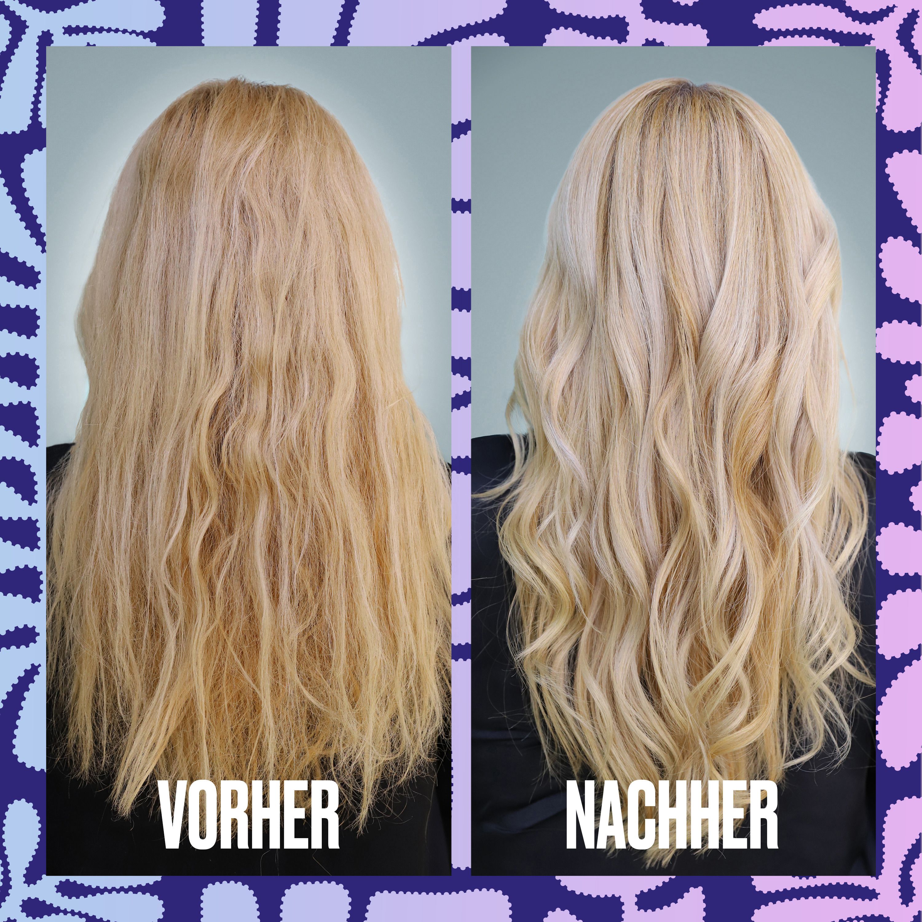 Vorher-Nachher-Vergleich von blondem Haar. Links: Vorher. Rechts: Nachher. Haare sind heller und welliger.