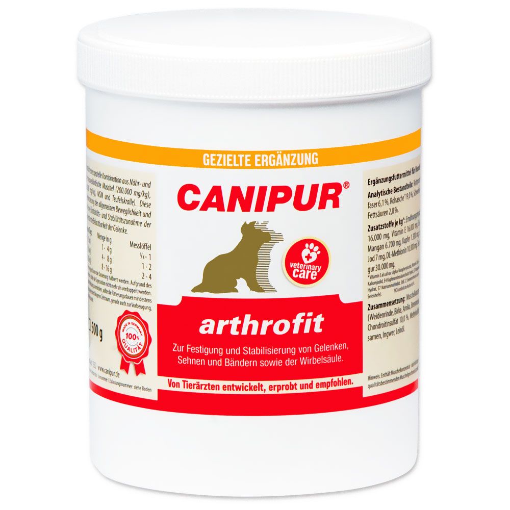 Weißer Behälter mit rotem und gelbem Etikett. Aufschrift CANIPUR arthrofit. Enthält Informationen zur Festigung von Gelenken, Sehnen und Bändern.